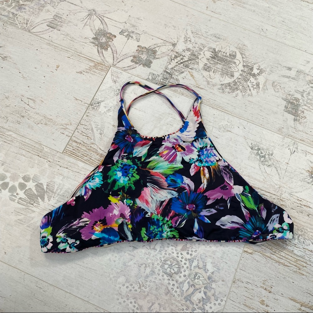 Reversible Rainbow Floral and Tribal Abstract Print Bikini Top